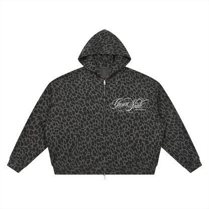 Unisex Leopard Print Waffle Full Zip Hoodie