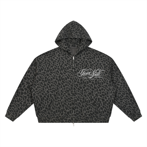 Unisex Leopard Print Waffle Full Zip Hoodie