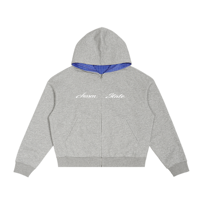 Contrast Plaid Boxy Zip Hoodie